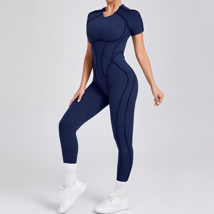 Reverse Line Sexy Backless Solid Color Short Sleeve Tight Jumpsuit