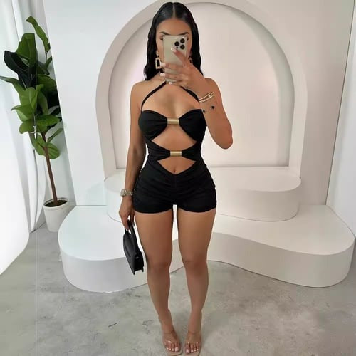 Sexy Hollow Metal Stitching Halter Neck Jumpsuit Romper