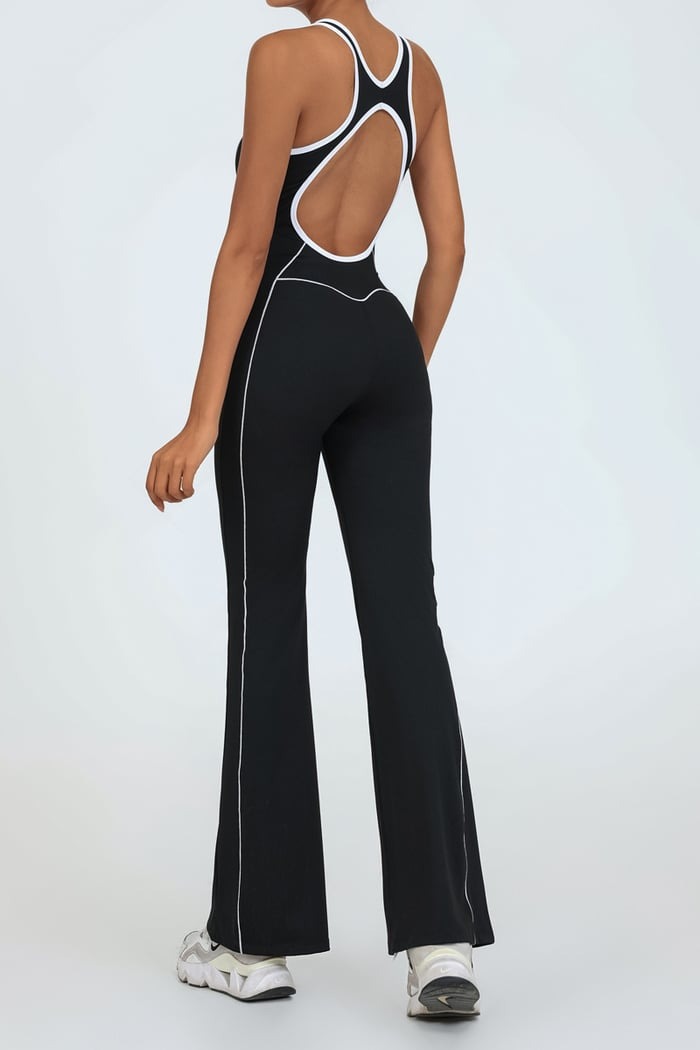 Backless Colorblock Nude Sports Fitness One-Piece Flared Jumpsuit with Chest Pad