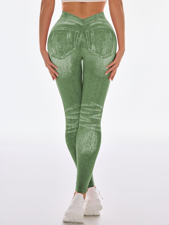Peach Faux Denim Deep V Back Seamless Yoga Scrunch Bum Leggings
