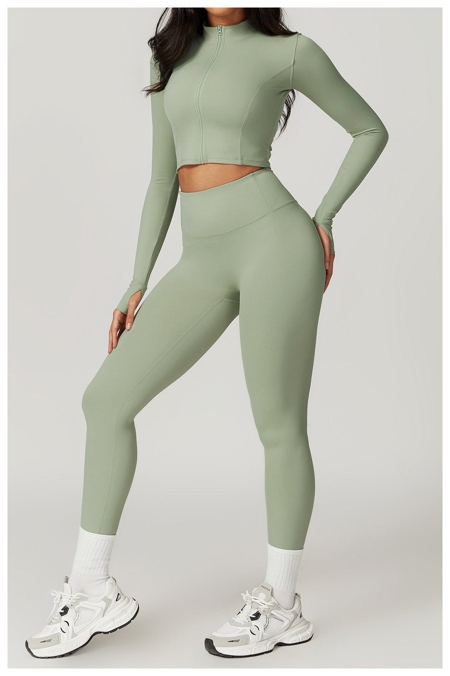 BREEHER Zipper Long Sleeves Leggings Three Piece Set Sports Suits