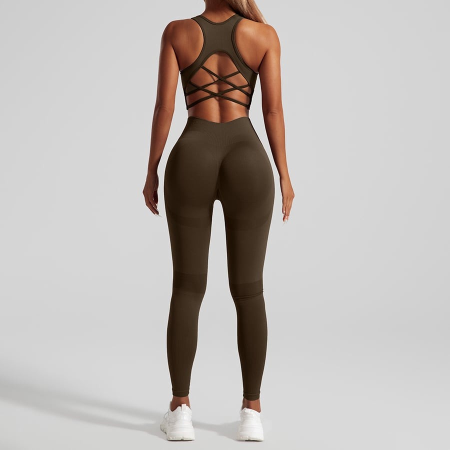 BREEHER Solid Color Hollow Seamless Peach Hip Lifting Fitness Yoga Bra&Legging Sets