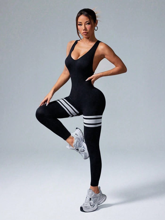 Hollow Stripe Yoga Cross Strap Fitness Sports Jumpsuit