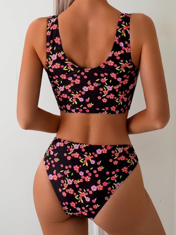 Sexy Lace Up Print Bikini Swimsuit