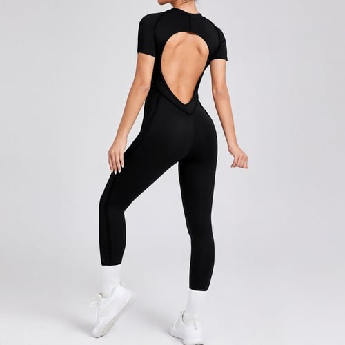Reverse Line Sexy Backless Solid Color Short Sleeve Tight Jumpsuit