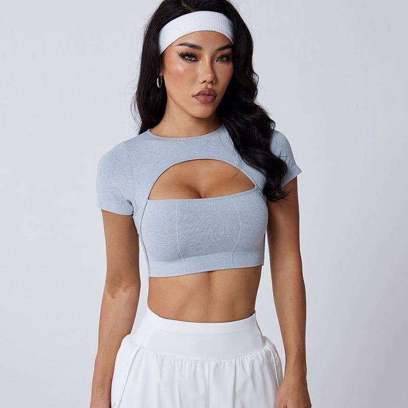 Sexy Hollow Gathered Short Sleeve Yoga Top