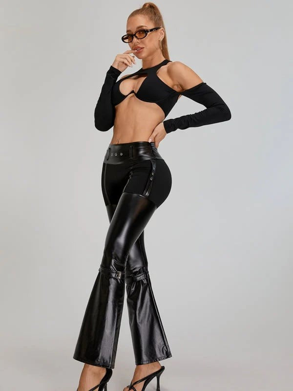 Female Faux Leather Metal Buttons Hip-lift Flare Leggings