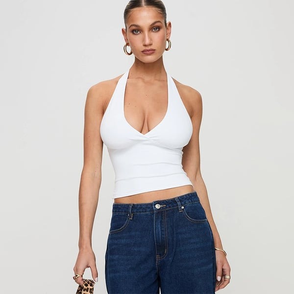 Sexy Deep V-neck Halter Neck Solid Color Cropped Top