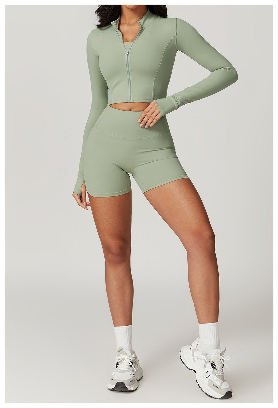BREEHER Zipper Long Sleeves Shorts Three Piece Set Sports Suits