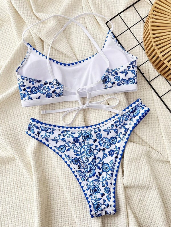 Blue Floral Printed Bikini Swimsuit