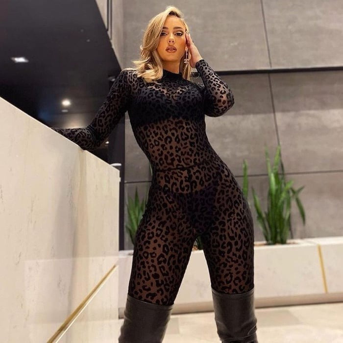 Sexy Leopard Flocking See-through Long-sleeved Jumpsuit