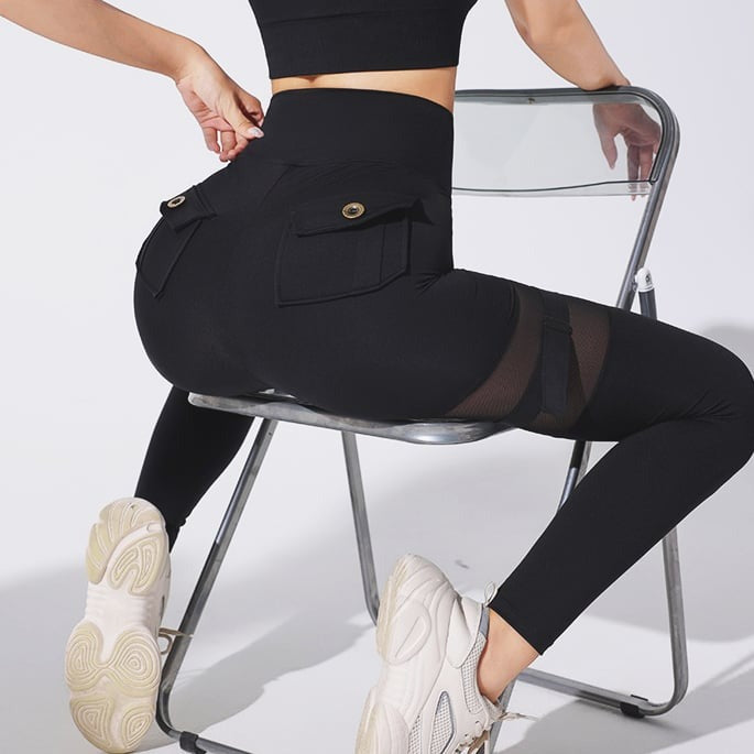 Mesh Functional Button High Waist Sexy Peach Hip Lifting Yoga Leggings