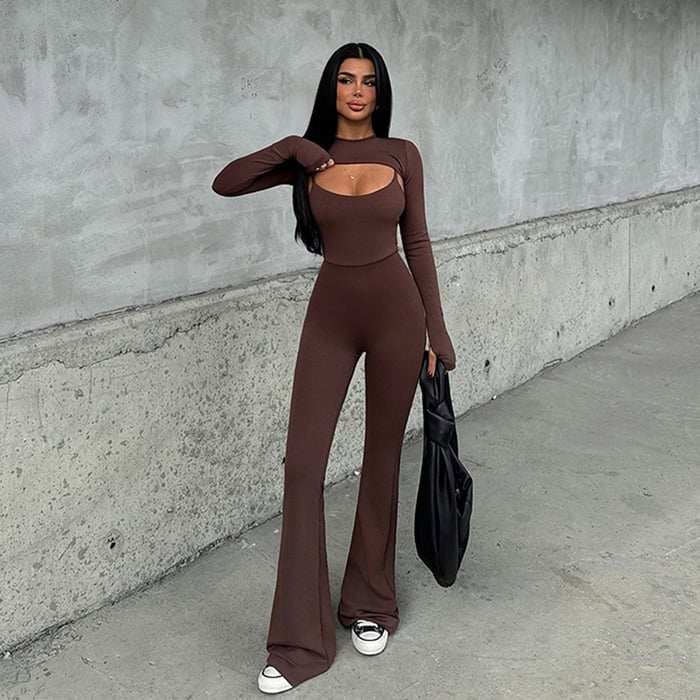 Sexy Hollow Round Neck Long Ssleeve Backless Jumpsuit Suits