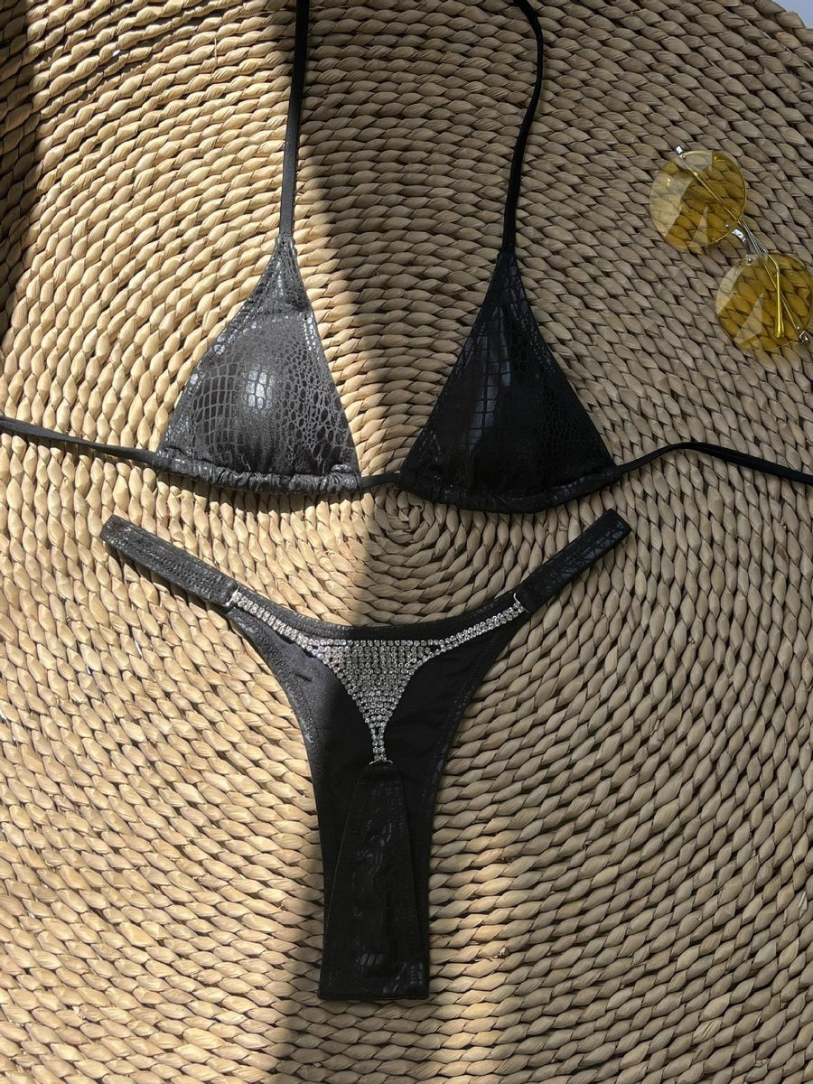 Sexy Snakeskin Rhinestones Bikini Swimsuit Set