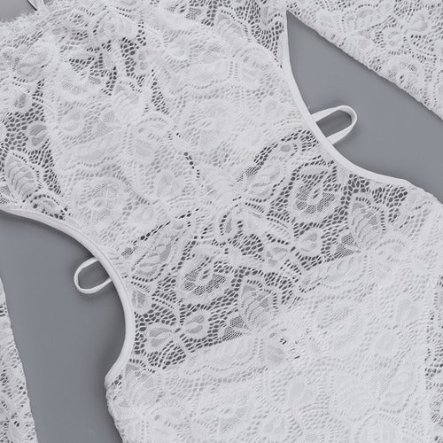 Sexy Lace Hllow Off-shoulder Lace-up Long-sleeved Jumpsuit Romper