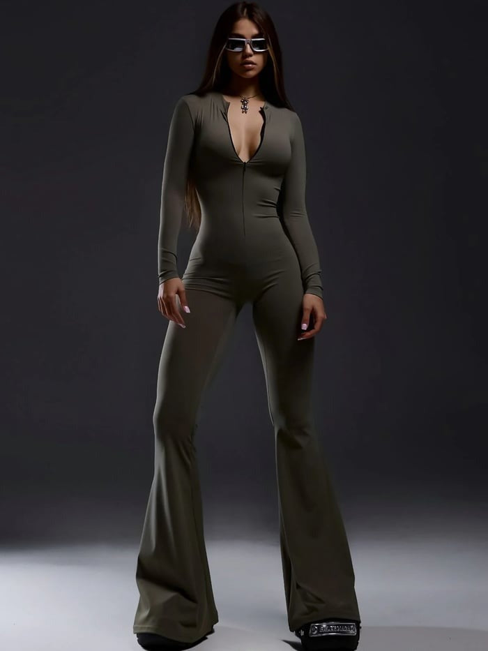 Female Trendy Zipper Flare Body-fit Jumpsuit