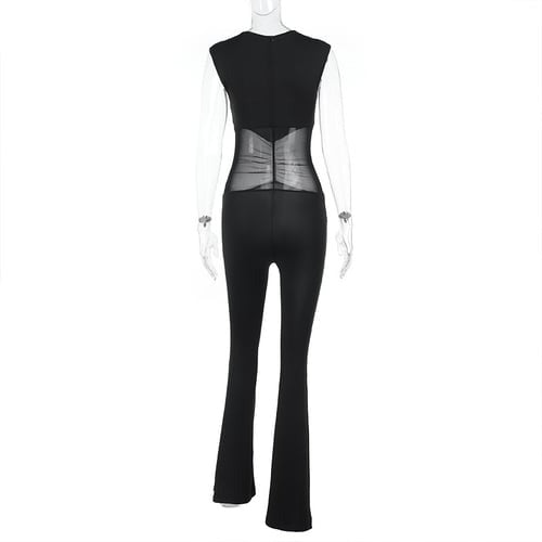 Sexy Mesh Stitching See-through Flared Jumpsuit