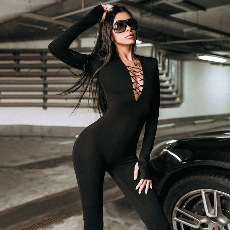 Sexy Hollow Cross Strap Long Sleeve Solid Color Jumpsuit