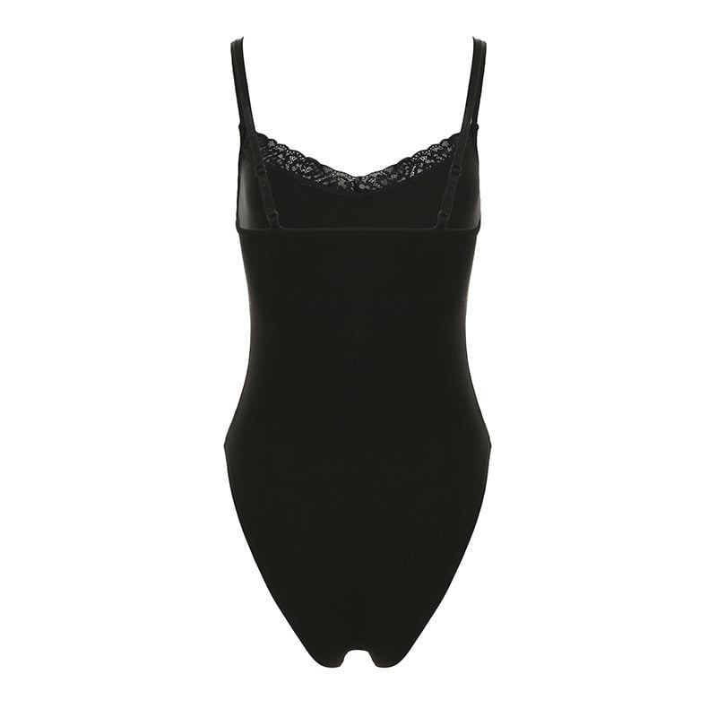 Sexy Lace Stitching Solid Color Suspender Bodysuit