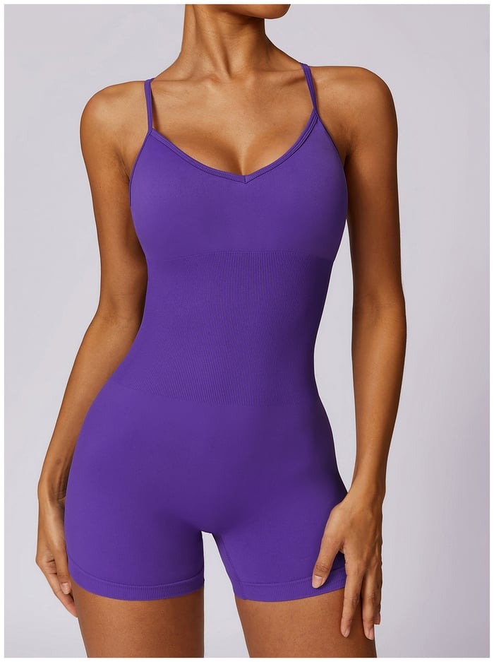 BREEHER Cross Straps Ribbed Highly Elastic Shorts Jumpsuit