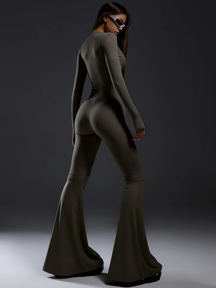 Female Trendy Zipper Flare Body-fit Jumpsuit