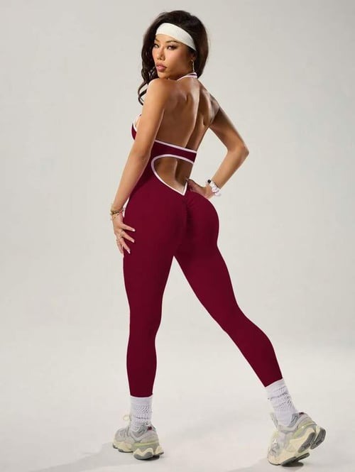 Contrast Color Hollow Out Ribbed Scrunch Bum Jumpsuit