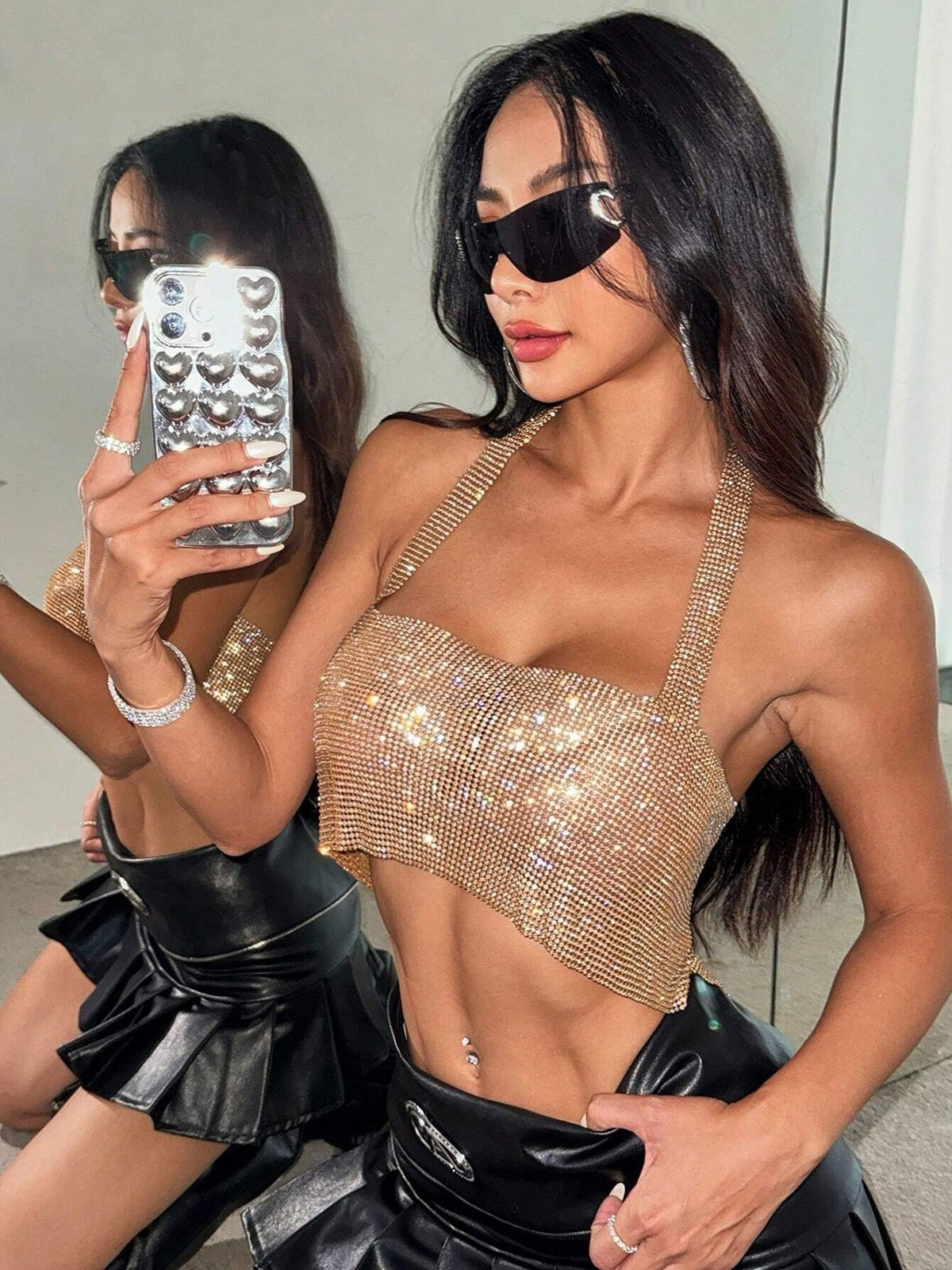 Sexy Rhinestone Halter Neck Hollow Backless Top
