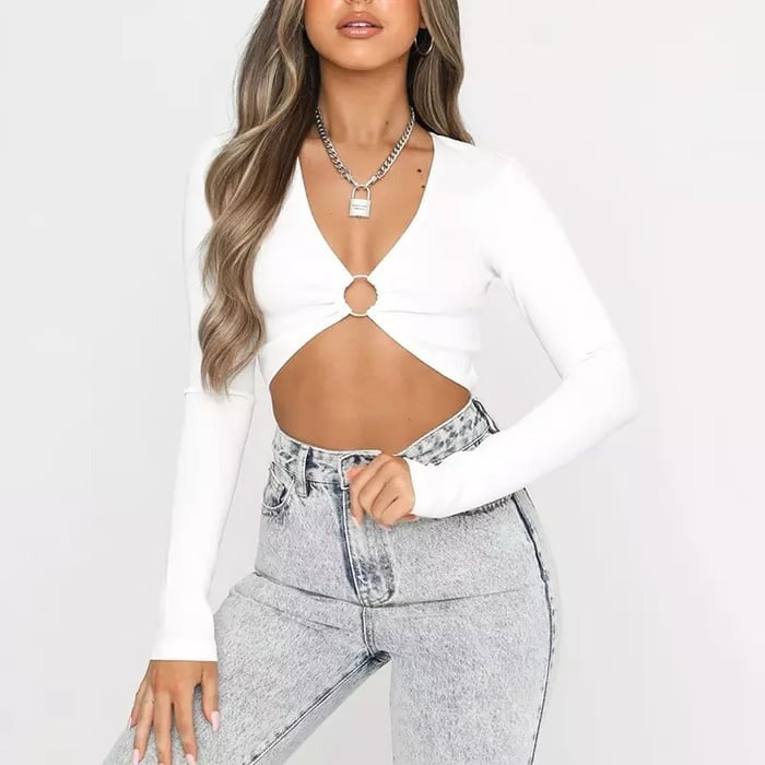 Metal Hollow Sexy Long Sleeve Cropped Top
