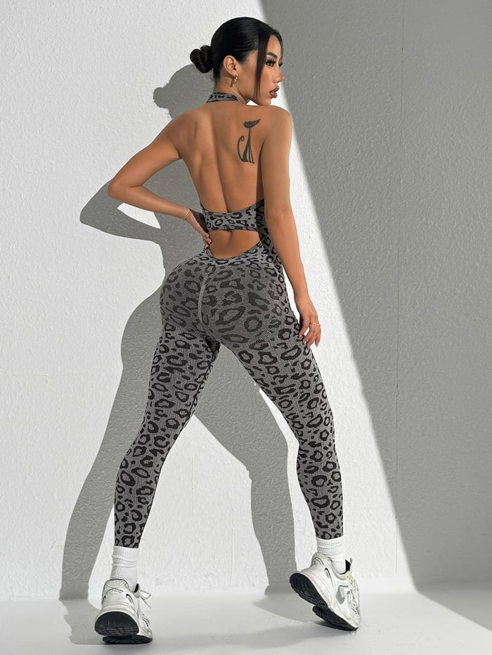 Leopard Backless Halter Sexy Fitness Hip Lifting Yoga Jumpsuit