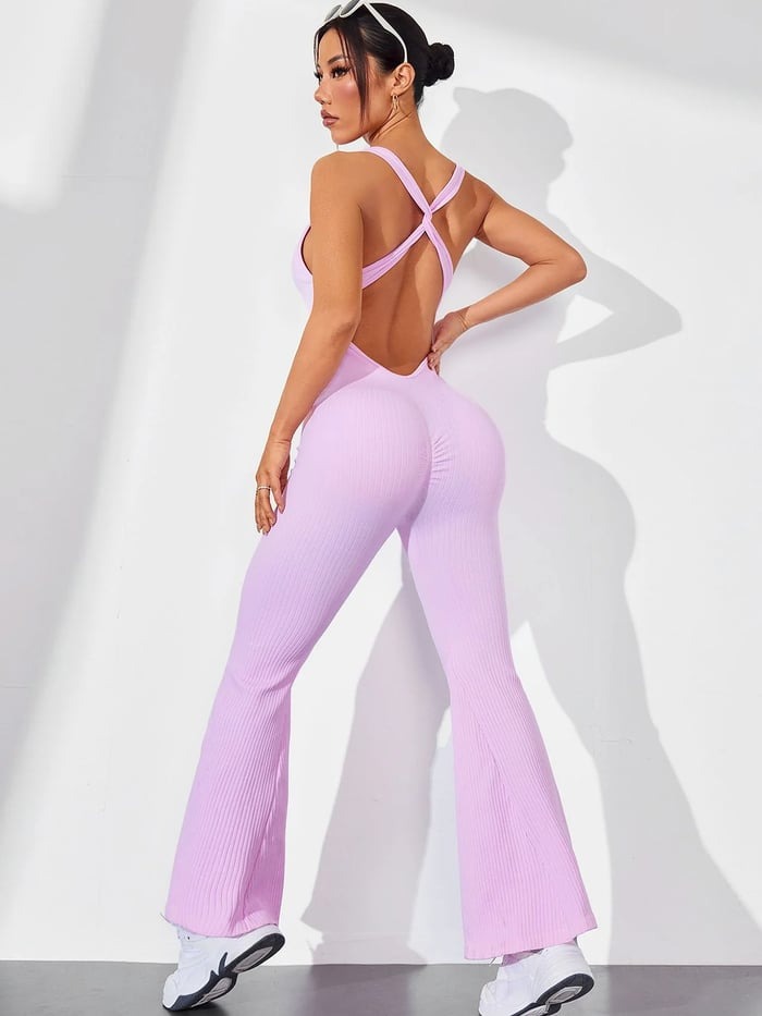 Female Cross Back Scrunch Bum Flare Ribbed Jumpsuit