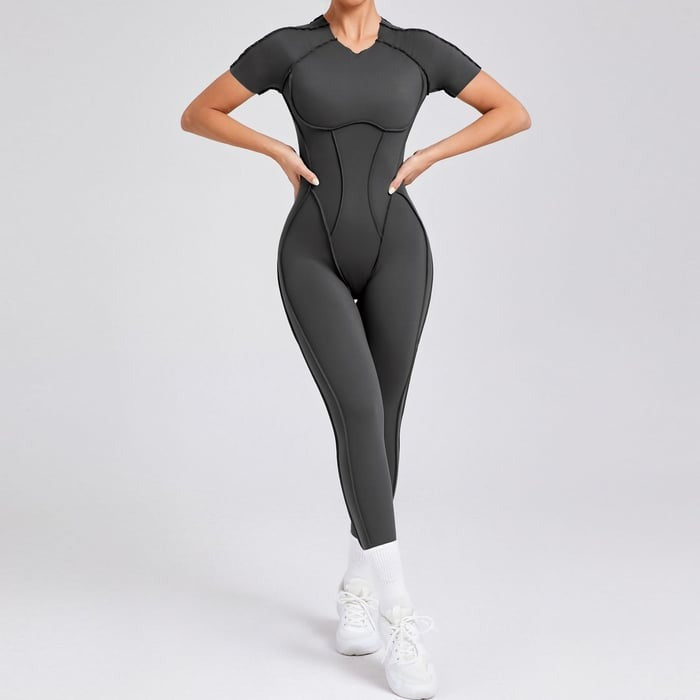 Reverse Line Sexy Backless Solid Color Short Sleeve Tight Jumpsuit