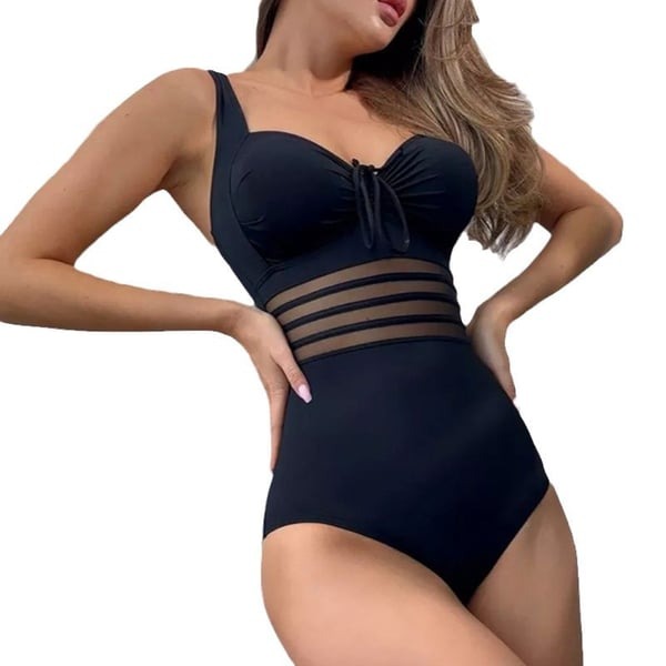 Classic Black Mesh Splice One Piece Swimsuit