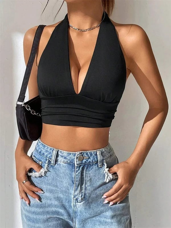 Sexy Deep V Backless Cross Halter Cropped Top
