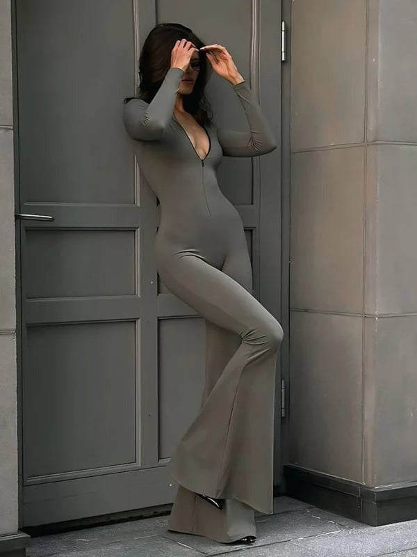 Female Trendy Zipper Flare Body-fit Jumpsuit