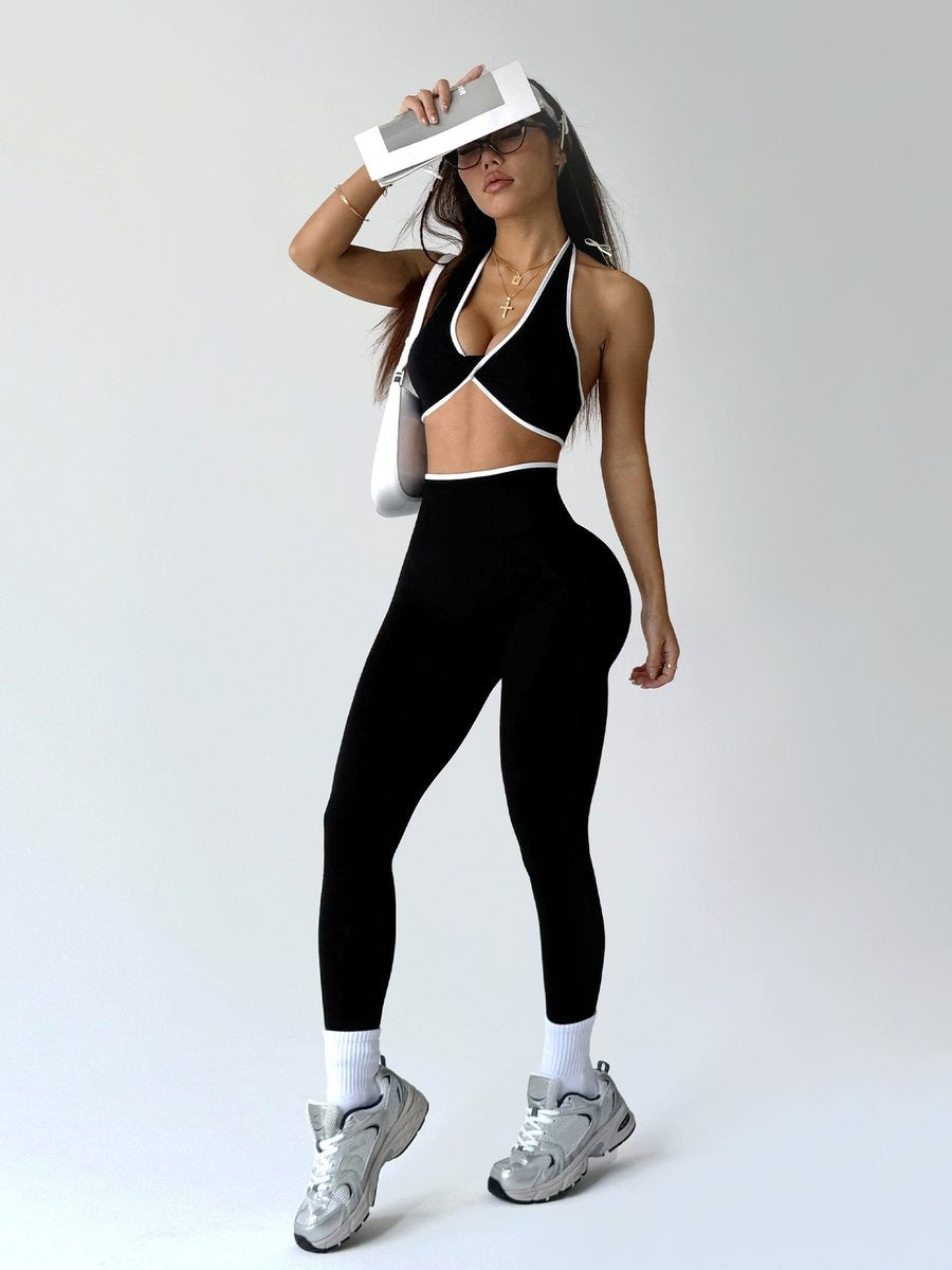 Kardashian Contrast Color Yoga Bra Hip-lifting Leggings Set