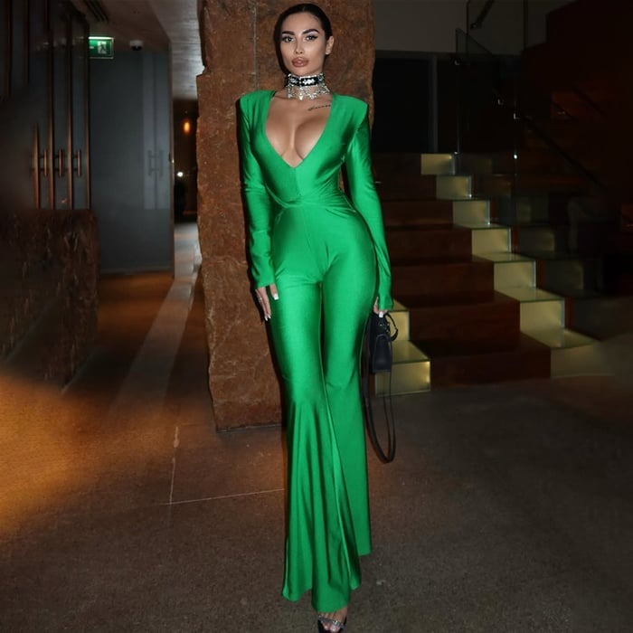 Sexy Deep V Solid Color Slim Flared Jumpsuit