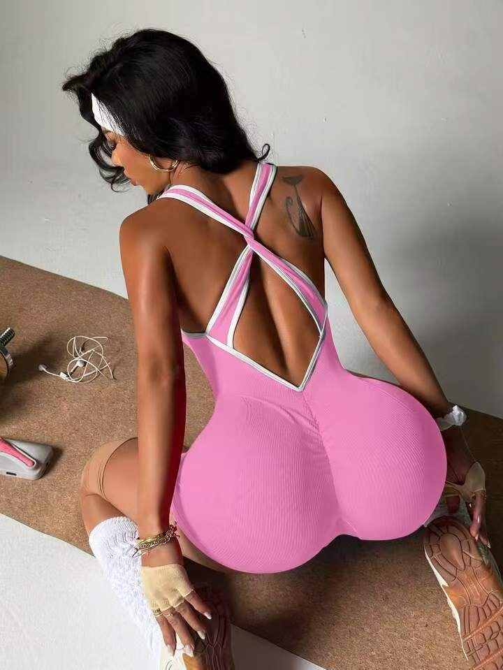 Cross Back Stripes Short Romper