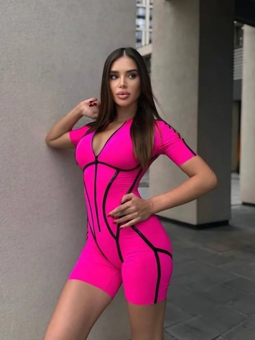 Sexy Stitching Zippered Short Sleeve Hip Lifting Yoga Jumpsuit