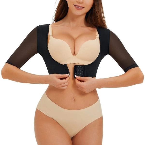 Adjustable Hook Eye U-neck Mesh 3/4 Sleeve Body Shaping Top