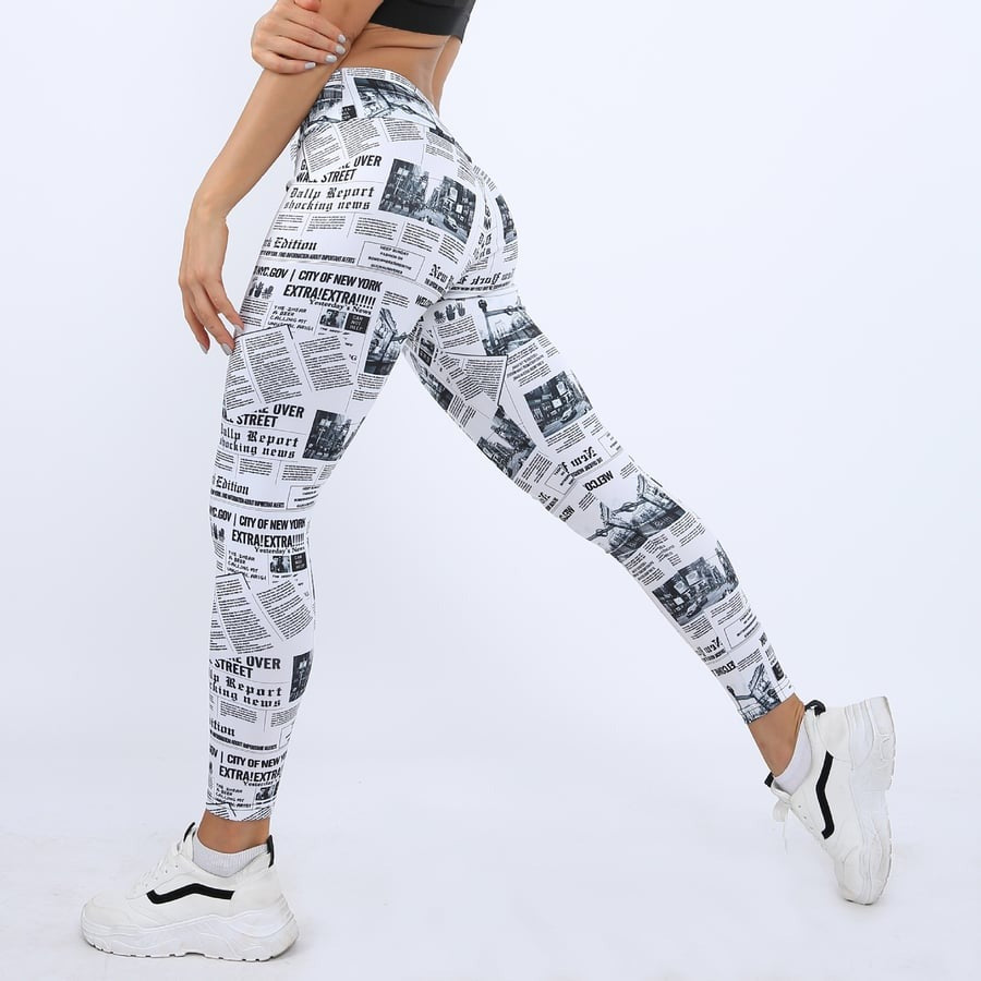 BREEHER Newspaper Print Seamless High Waist Hip Lifting Leggings