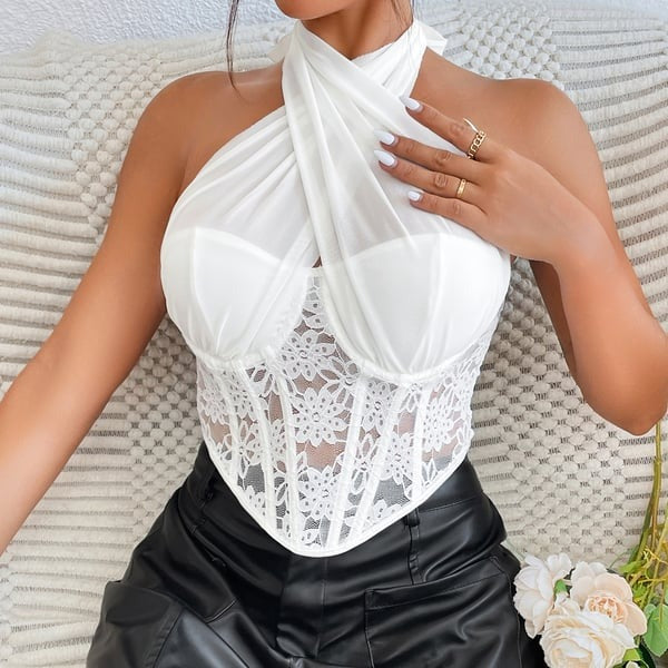 Sexy Lace Splice Halter Neck Tops