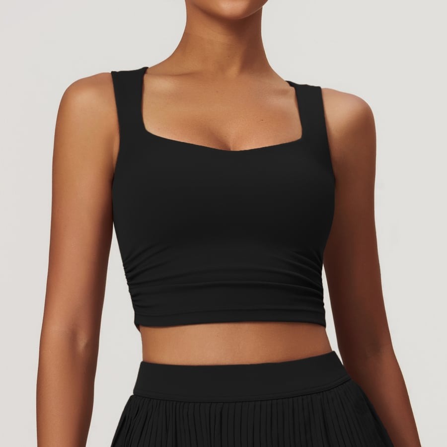 Solid Color Square Neck Short Yoga Bra with Pads