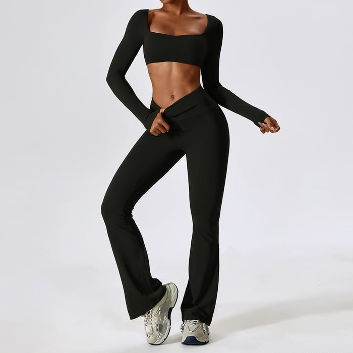 BREEHER Crop Top Long Sleeves Hip Lifting Two Piece Set Sports Suits
