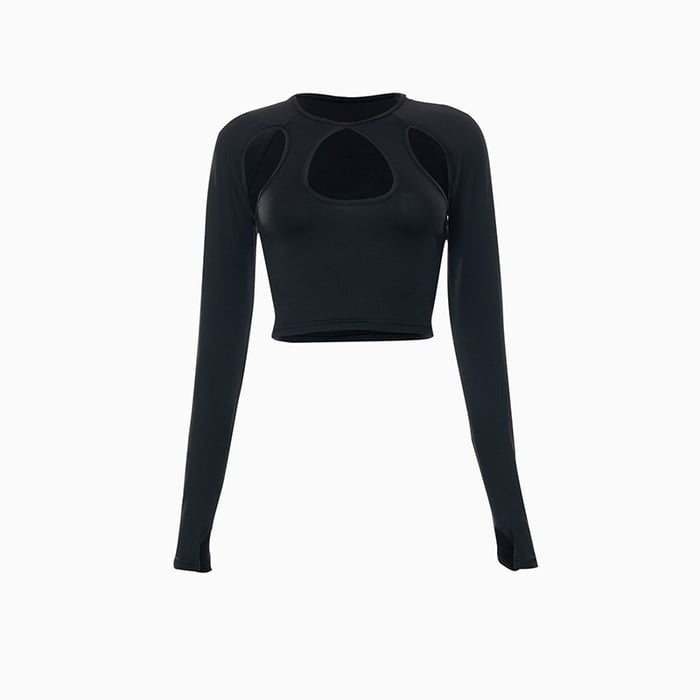 Sexy Solid Color Hollow Long Sleeve Cropped Top