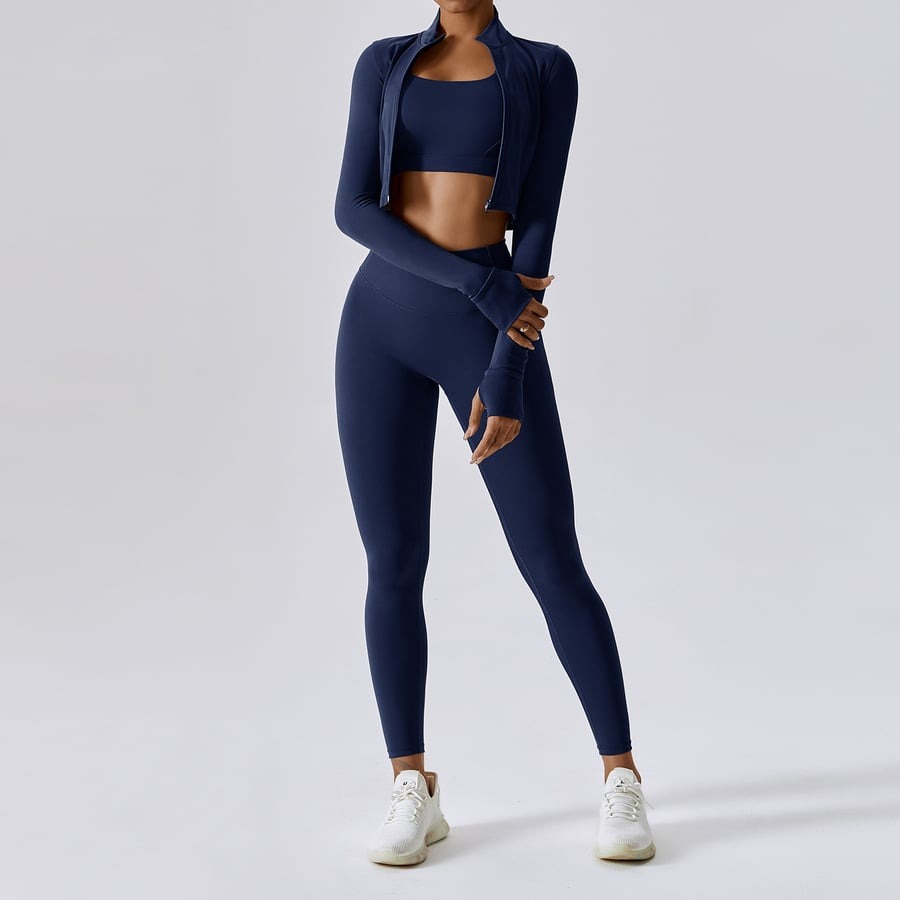 BREEHER Zipper Long Sleeves Leggings Three Piece Set Sports Suits