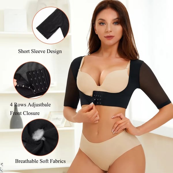 Adjustable Hook Eye U-neck Mesh 3/4 Sleeve Body Shaping Top