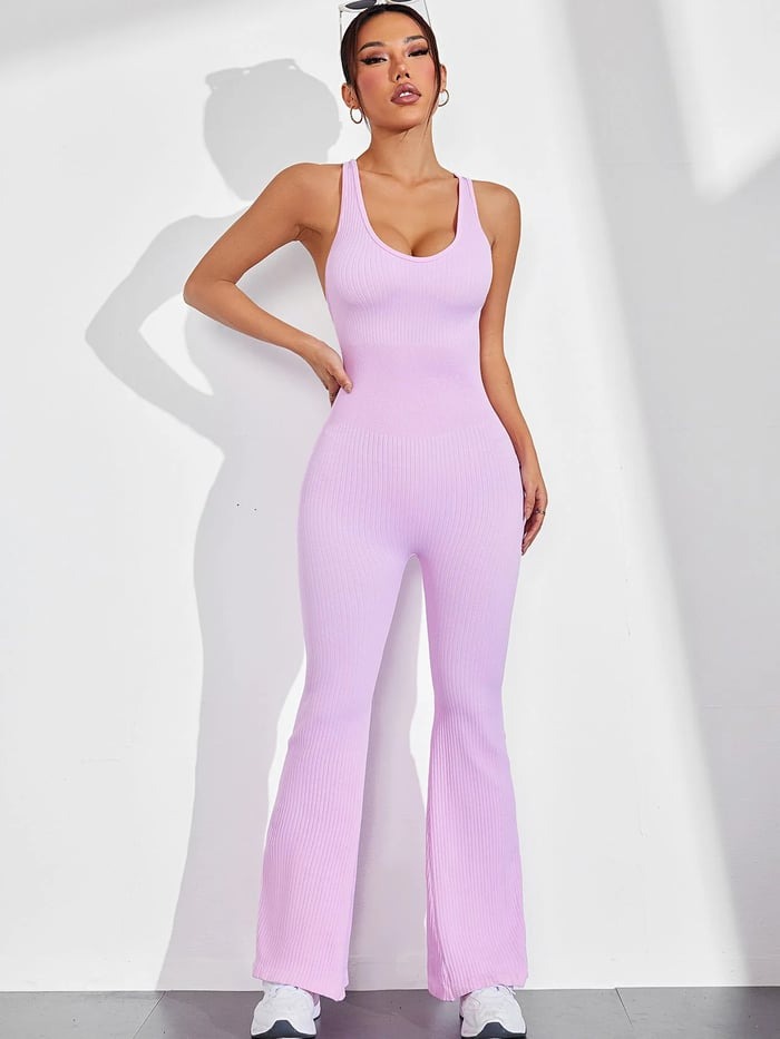 Female Cross Back Scrunch Bum Flare Ribbed Jumpsuit