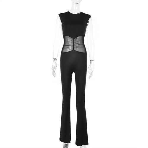 Sexy Mesh Stitching See-through Flared Jumpsuit