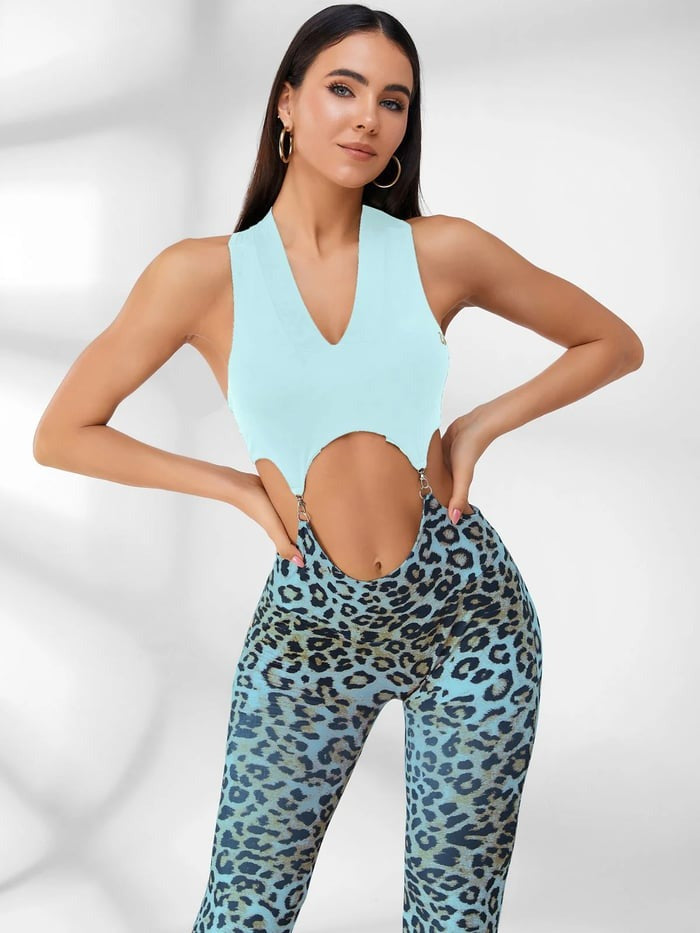 Female Leopard V Collar Hollow Out Jumpsuit