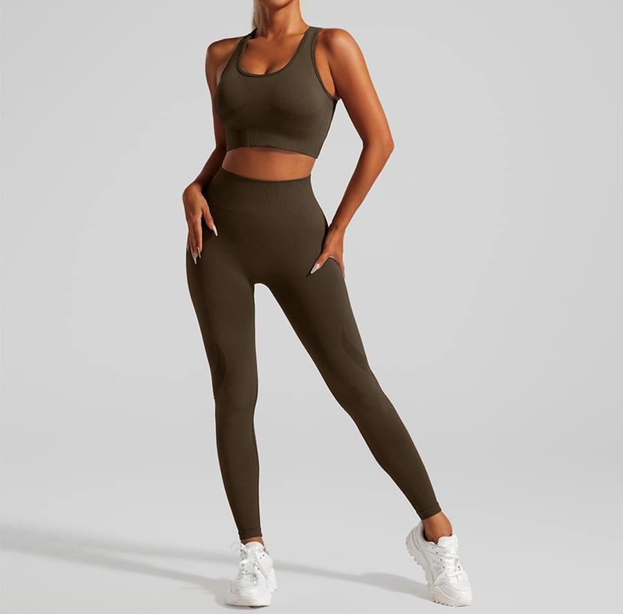 BREEHER Solid Color Hollow Seamless Peach Hip Lifting Fitness Yoga Bra&Legging Sets